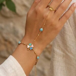 Gold Clover Hand Chain Bracelet | Turquoise & Enamel